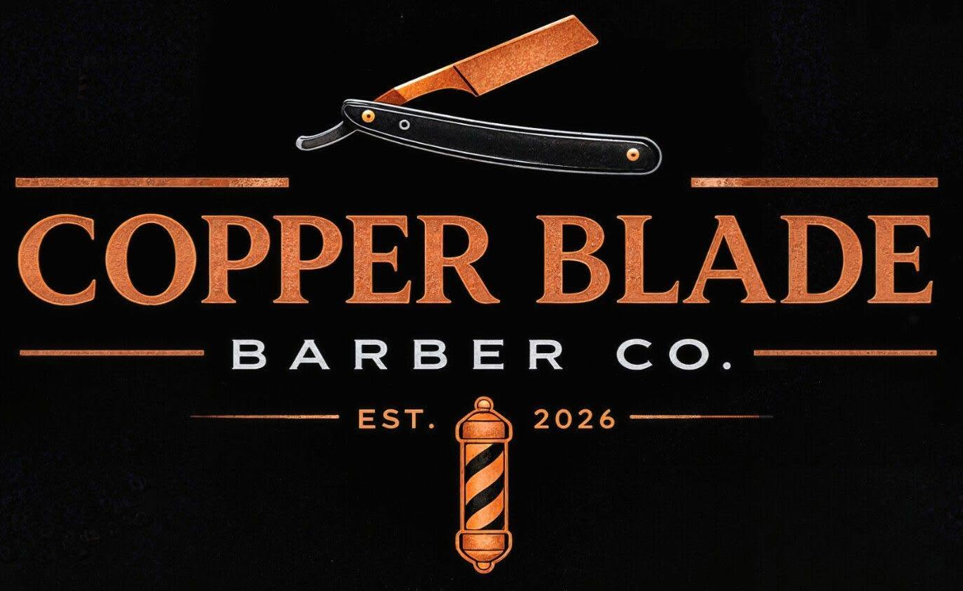 Copper Blade Barber Co. copper straight razor and barber-pole logo, established 2026