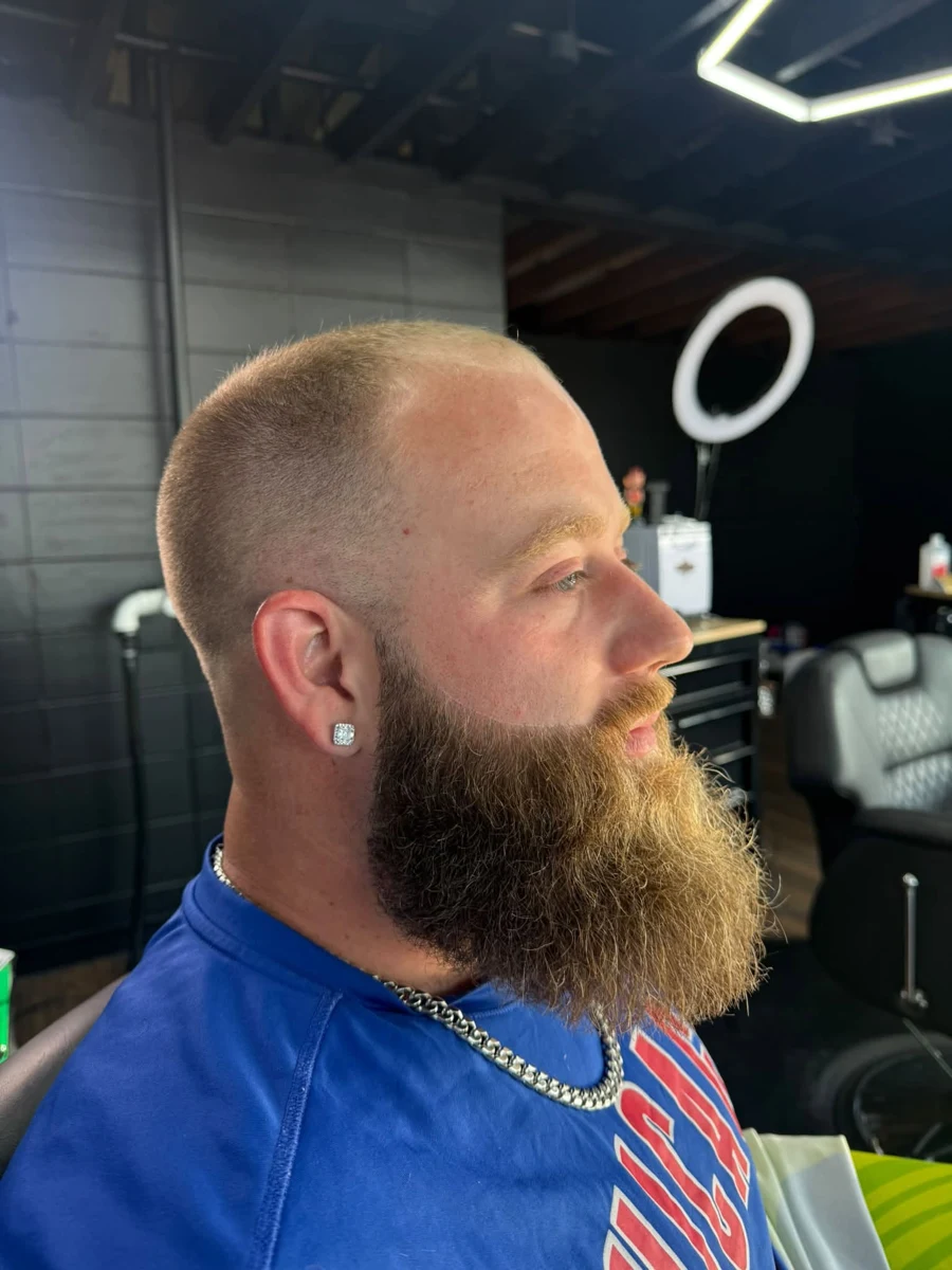 Close view of a finished beard trim photographed at Copper Blade