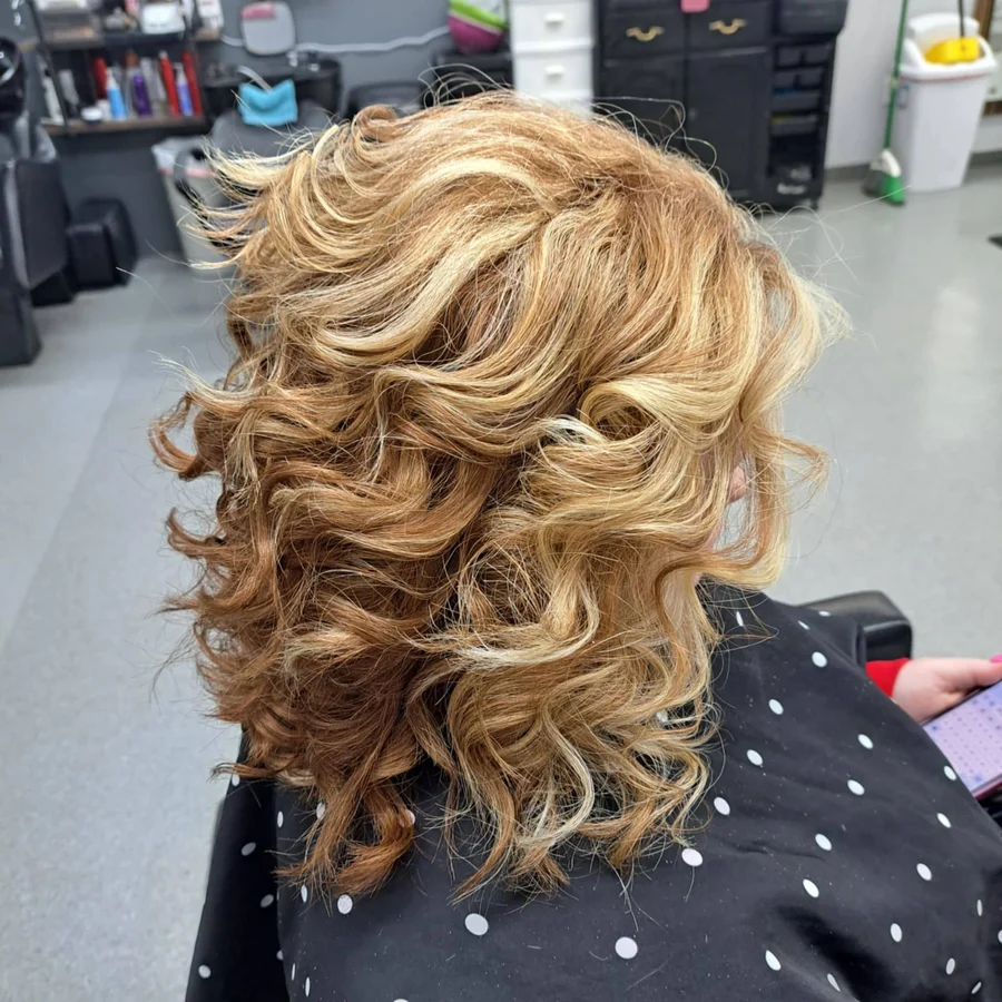 Finished blonde curls photographed at KC's QuicKuts