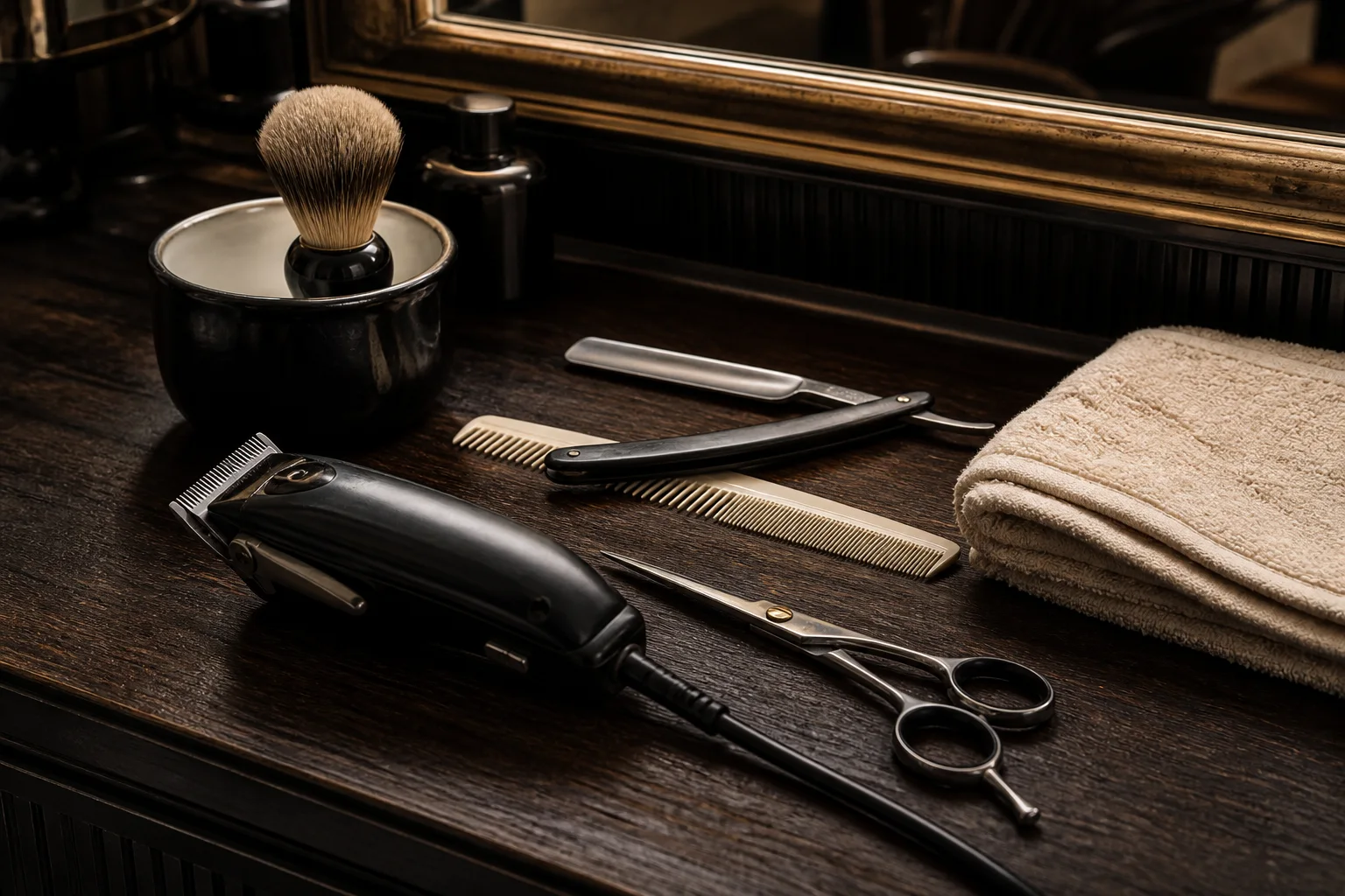 Barber tools arranged on a dark wood station